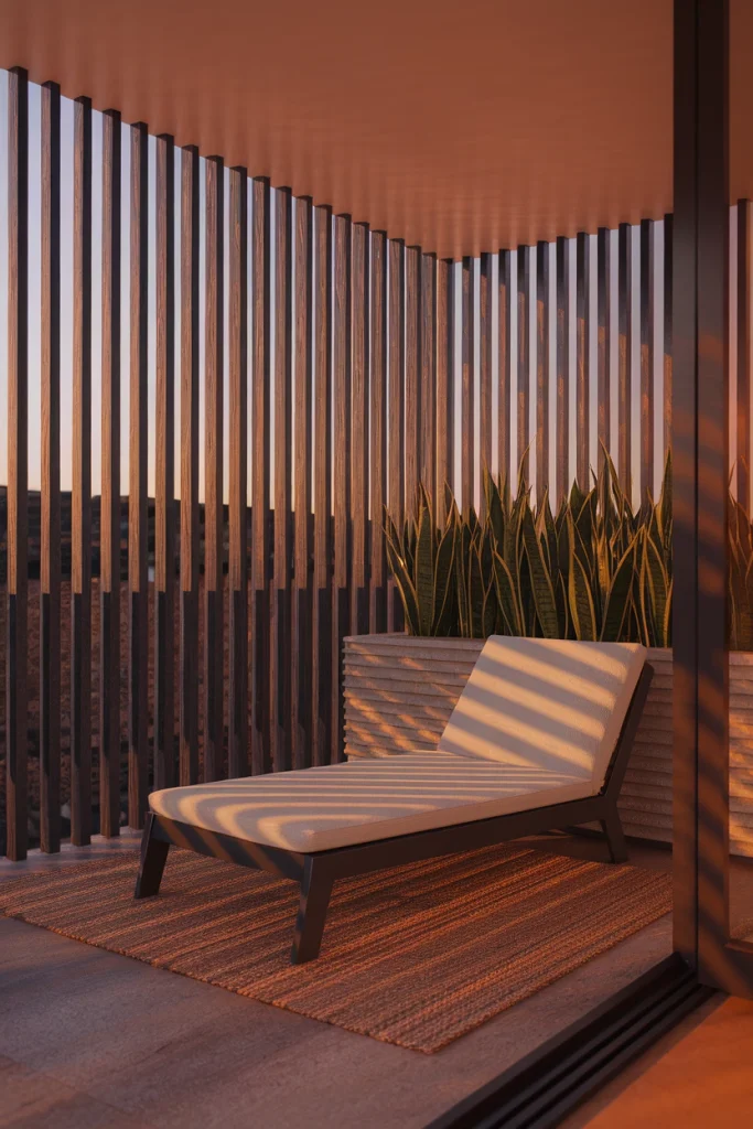 Modern balcony railing ideas using vertical wood slats with striped shadow light