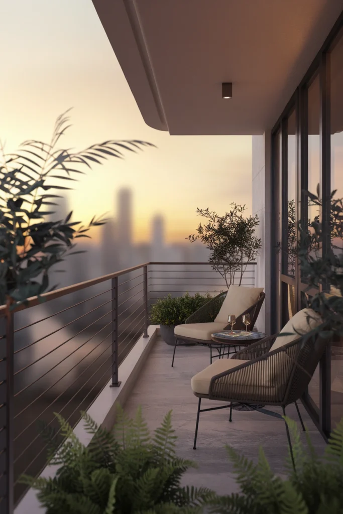 Modern balcony railing design complete with lighting and seating at sunset