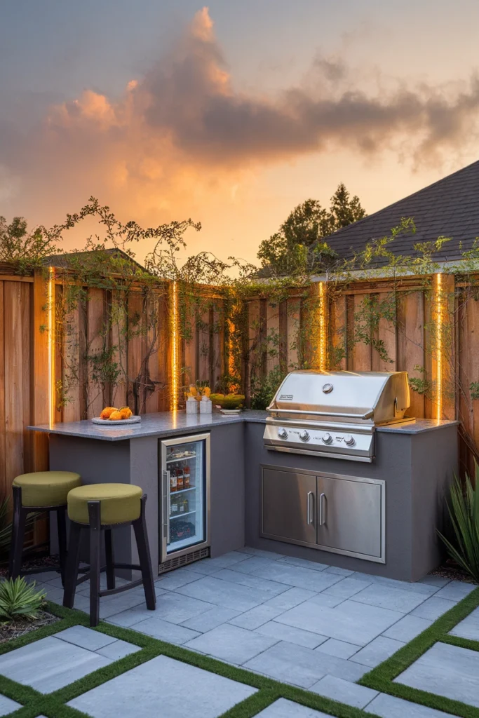 Small backyard kitchen L-shaped layout with grill and fridge in a fence corner
