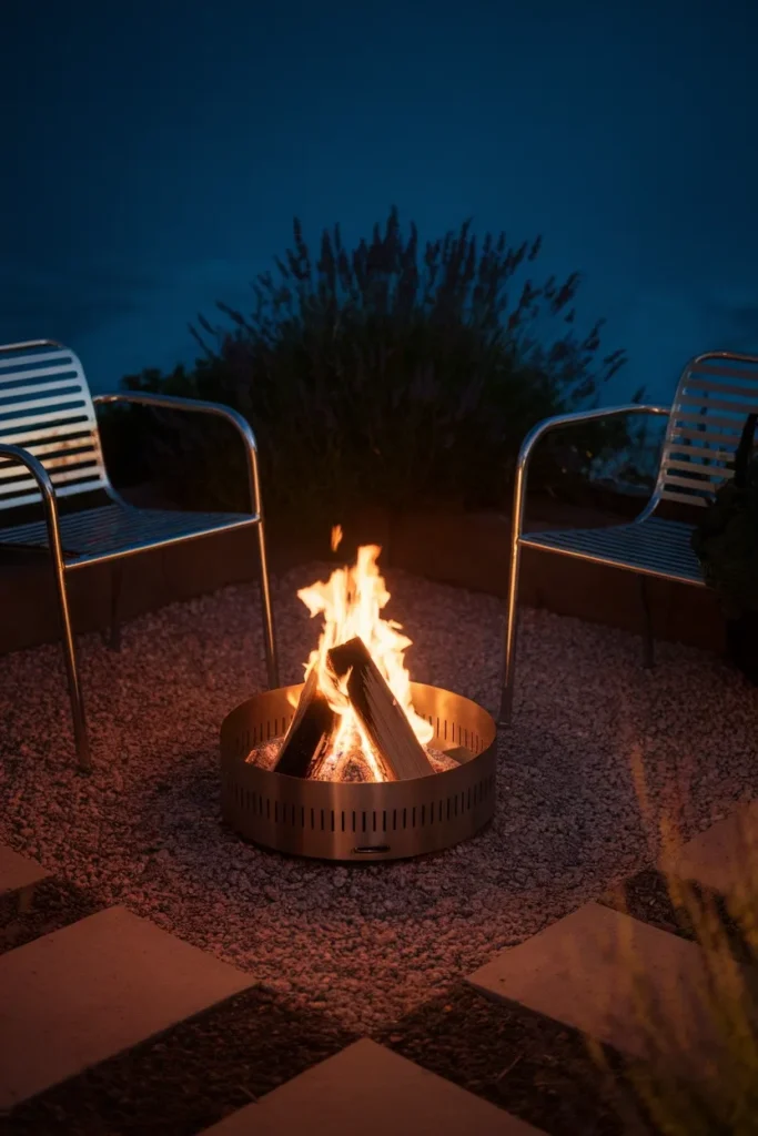 mall backyard oasis fire pit set on gravel with safe clearance at dusk
