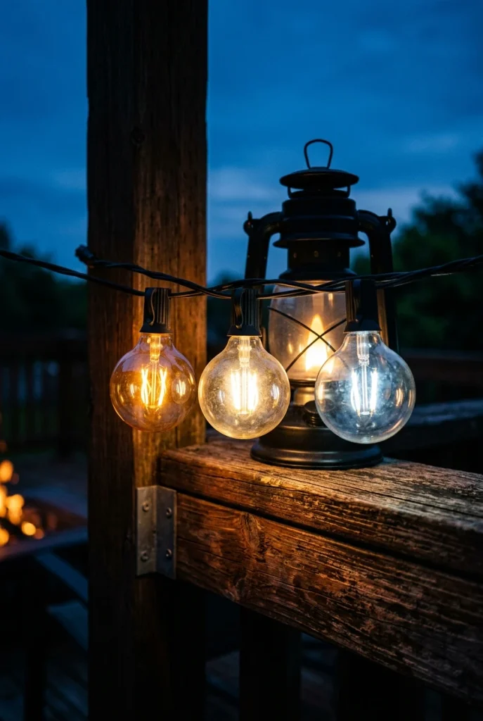 Amber and white G40 bulbs compared on a cedar rail showing rustic outdoor lighting color temperature. Rustic Outdoor Lighting Ideas