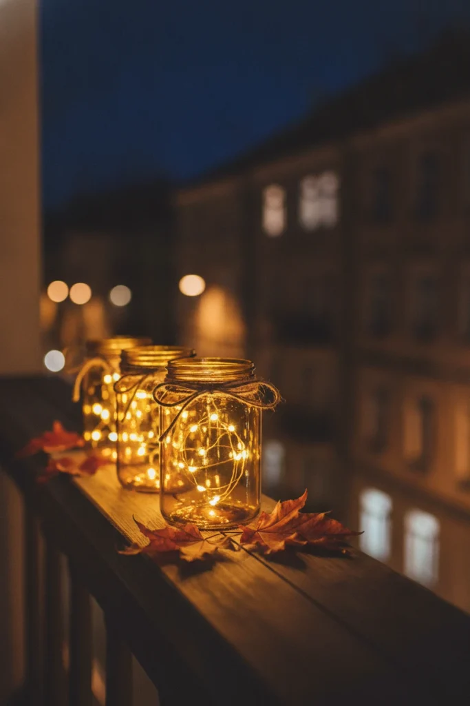 Amber glass jar lanterns with micro LED lights glowing on a balcony ledge at night