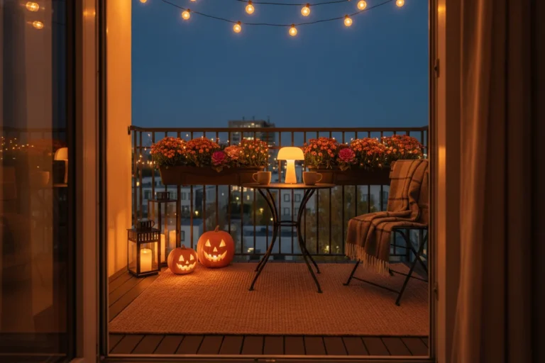 Apartment outdoor lighting ideas on a fall balcony with string lights, lanterns, and glowing pumpkins at dusk