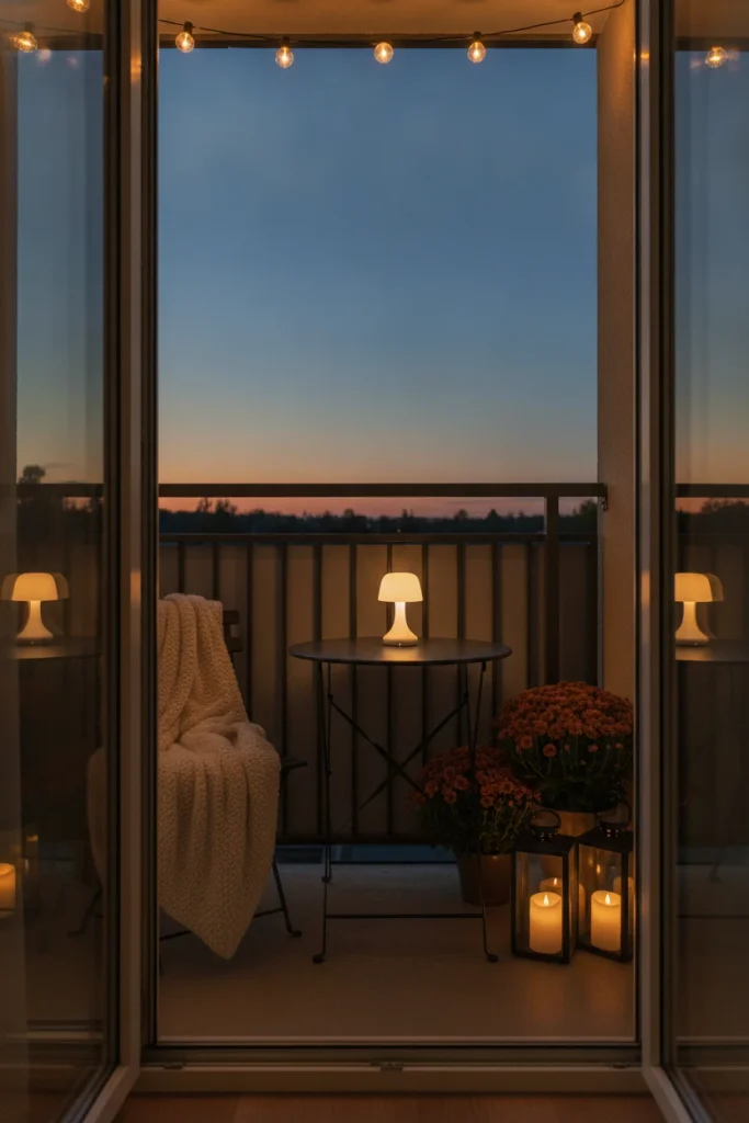 Apartment outdoor lighting ideas on a small fall balcony with string lights, a table lamp, and lanterns at dusk