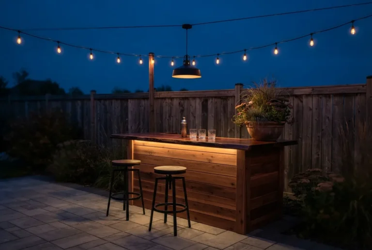 Backyard bar lighting at dusk: amber string lights, a low pendant, and under counter glow on pavers
