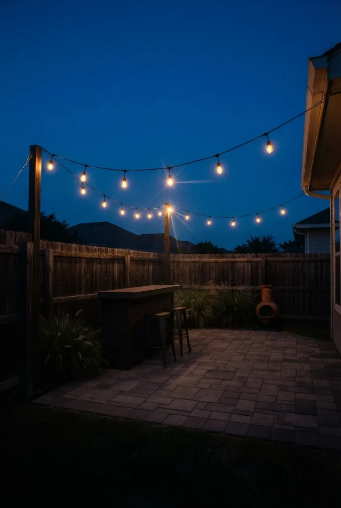 Backyard bar lighting overhead: two spans of amber string lights on a guide wire above a patio