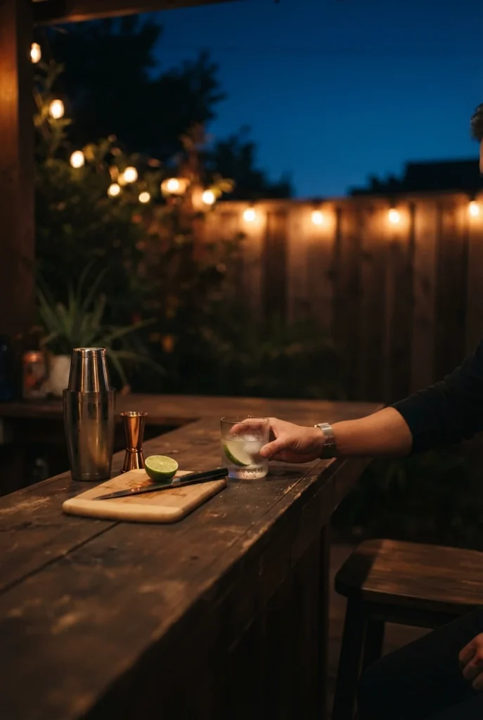 Backyard bar lighting seen from a guest stool with warm bulbs blurred above the counter