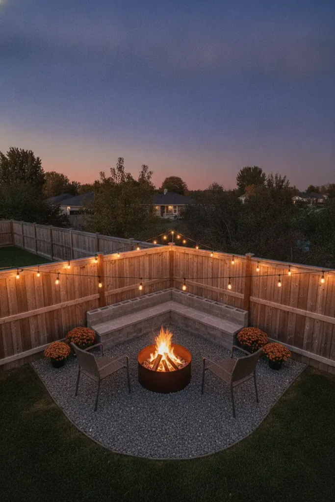 Backyard corner fire pit set out from an L-shaped stone bench along two fences at dusk