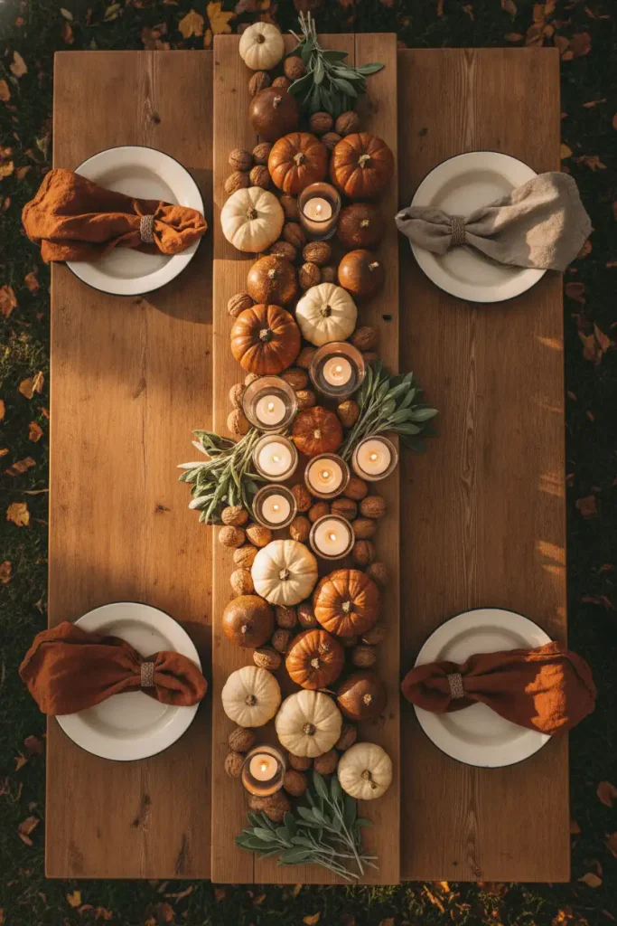 Backyard fall table with wood boards, enamel plates, gourds, and clustered votive candles