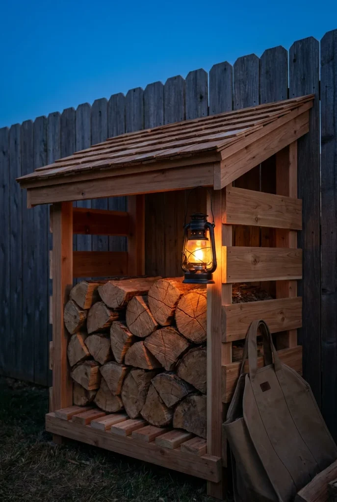 Backyard fire pit and wood storage idea: cedar firewood lean to with open sides along a fence