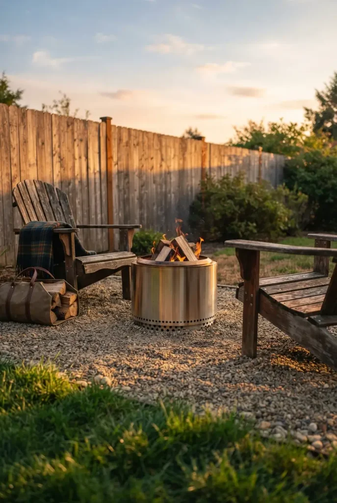Backyard fire pit set well away from the fence for a cozy fall evening
