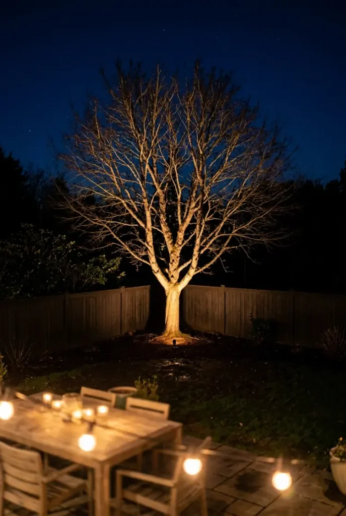 Backyard lighting ideas: one uplit bare tree adding depth behind a fall dining patio