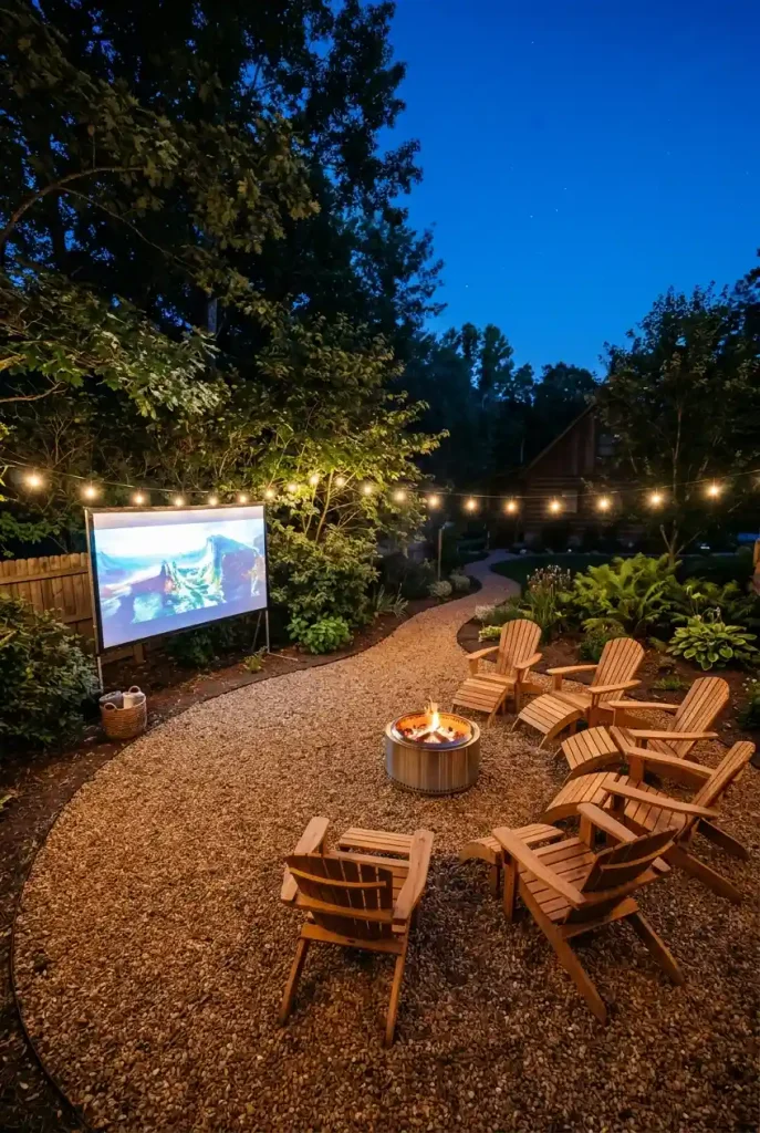 Backyard movie night setup with a smokeless fire pit placed beside the seating, away from the screen