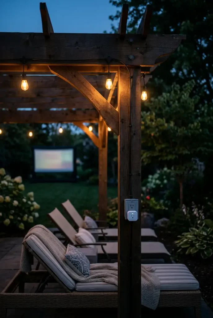 Backyard movie night setup with dimmed warm café string lights hung behind the seating