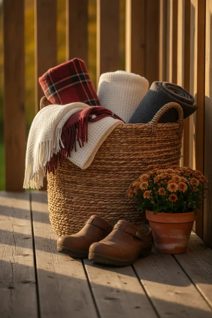 Basket of wool throws by the back door, a simple fall backyard decor idea for cool evenings