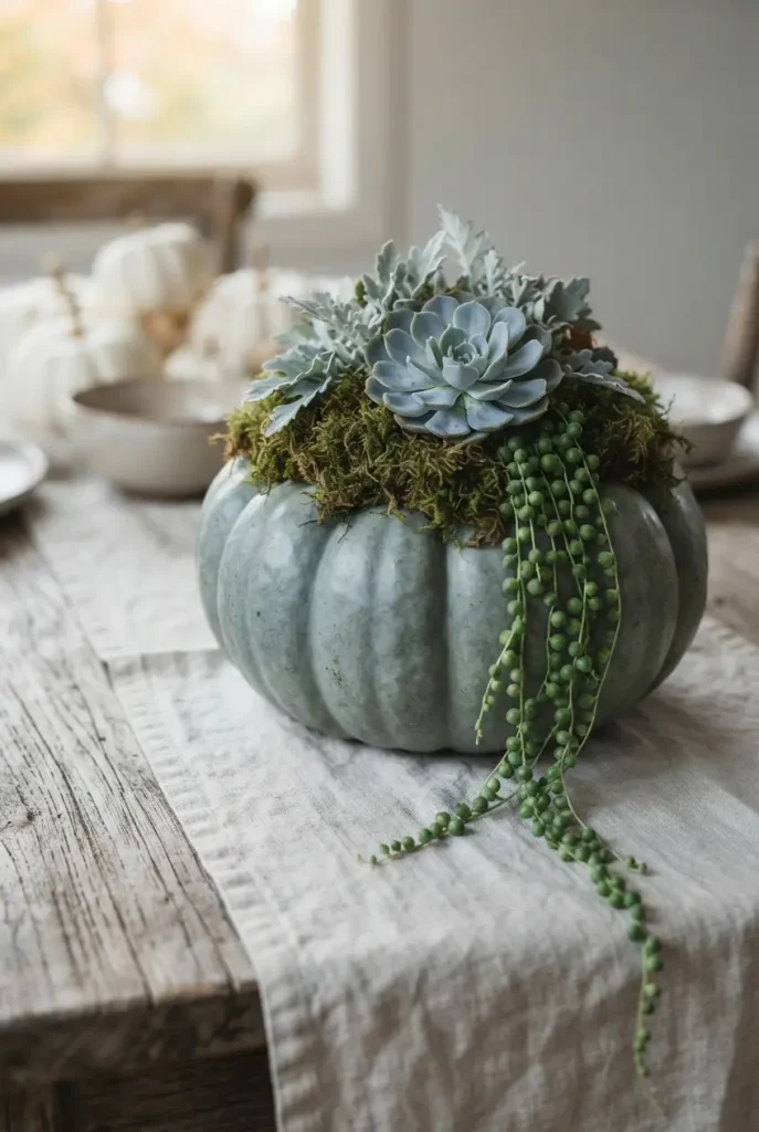 Blue Jarrahdale pumpkin with echeveria in a cool palette fall succulent arrangement