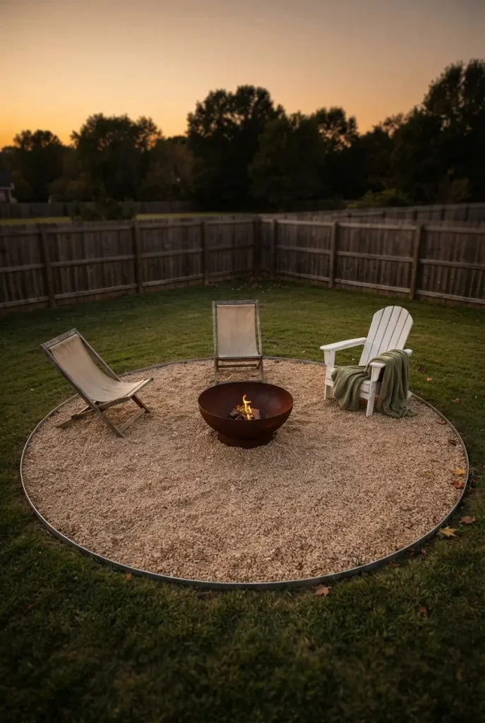 Boho backyard on a budget: cast iron fire pit on pea gravel with sling chairs set back at dusk