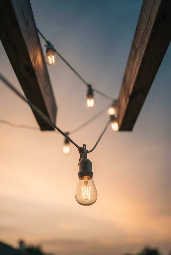 Boho cozy backyard café string lights zigzagging on a guide wire under a peach fall sky
