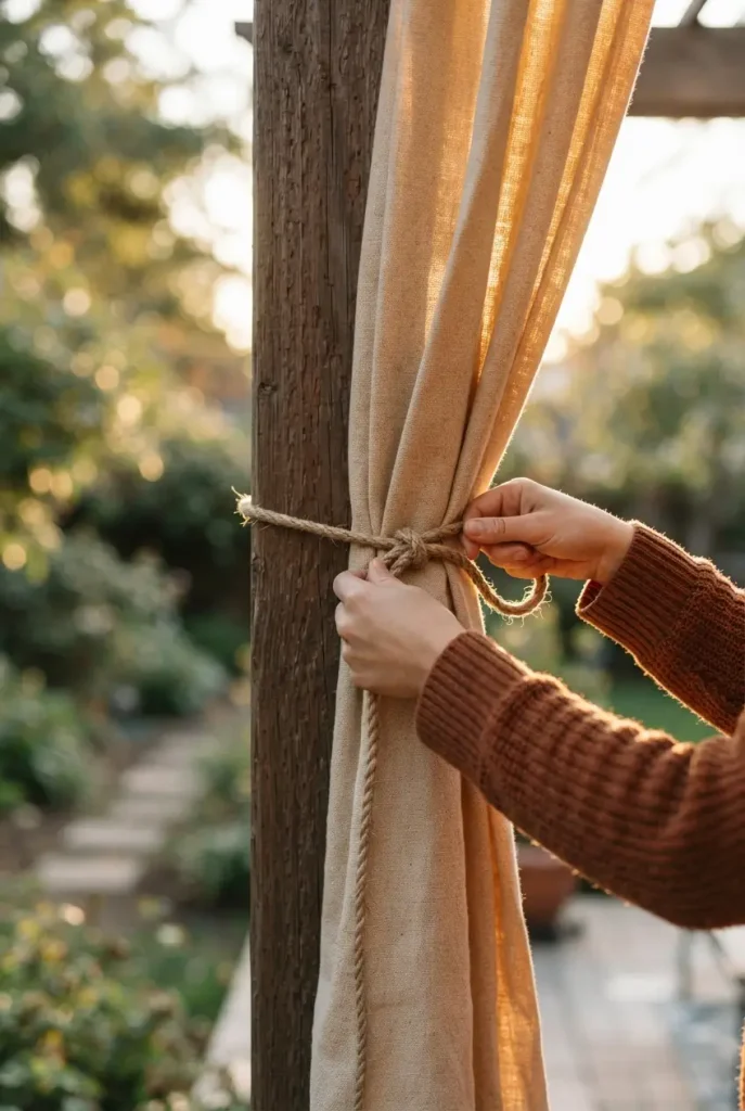 Boho cozy backyard canvas drop cloth curtain tied back with jute rope on a cedar pergola post