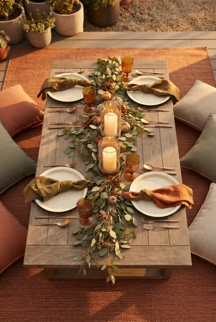 Boho cozy backyard fall dinner table with eucalyptus runner, amber glasses, and enamel plates on a rug