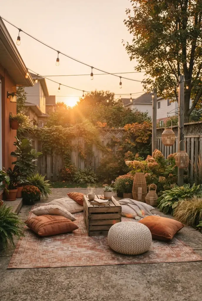 Boho cozy backyard ideas: rug lounge with floor cushions, rattan lanterns, and café lights at golden hour
