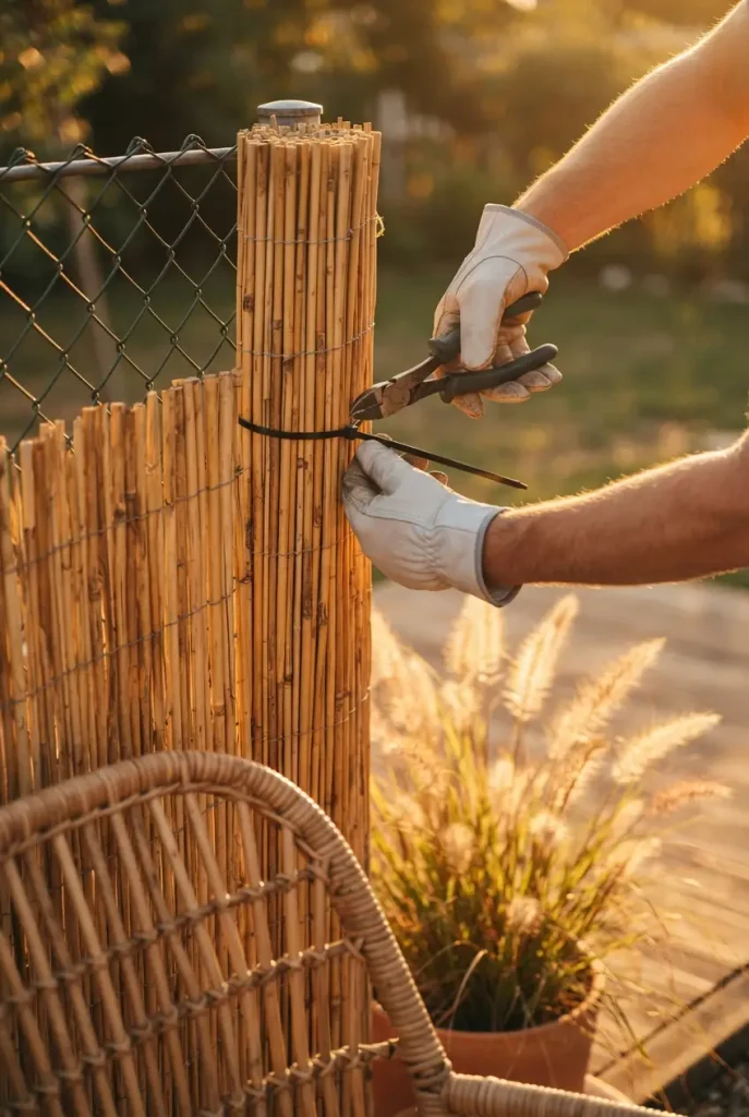 Boho cozy backyard reed fence roll zip-tied over chain-link behind a rattan chair