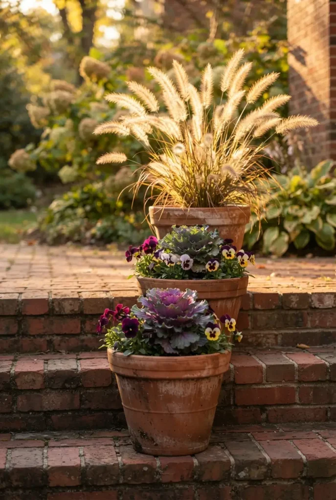 Boho cozy backyard terracotta pot trio with ornamental kale, pansies, and fountain grass on brick steps