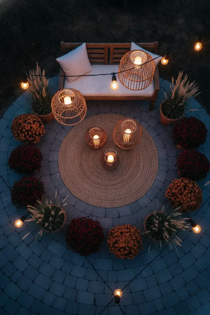 Boho outdoor lighting ideas layered overhead, mid and ground level on a patio