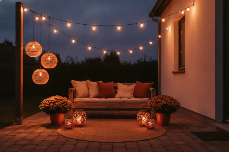 Boho outdoor lighting ideas with café bulbs and rattan lanterns on a fall patio