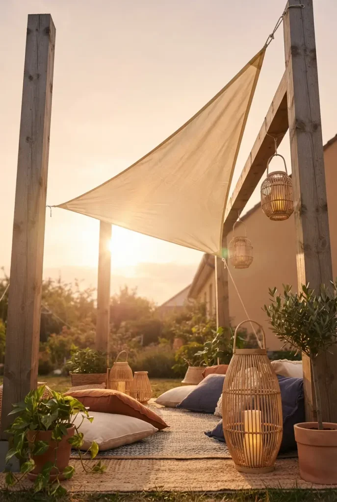 Boho patio ideas with a cream shade sail over a rug lounge and rattan lanterns at sunset