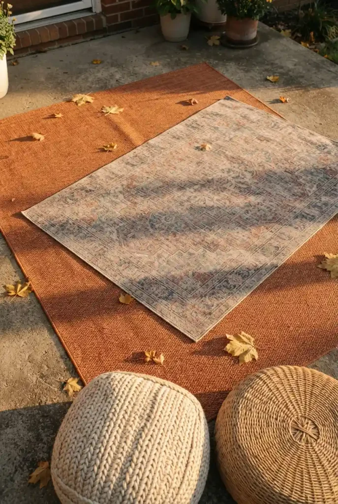 Boho patio ideas with a layered rust flatweave outdoor rug and woven poufs on concrete in fall