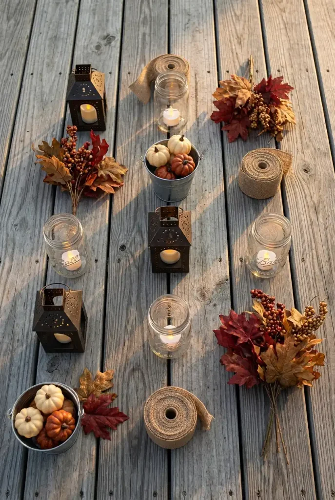 Budget fall backyard decor flat lay with metal lanterns, mason jars and resin pumpkins