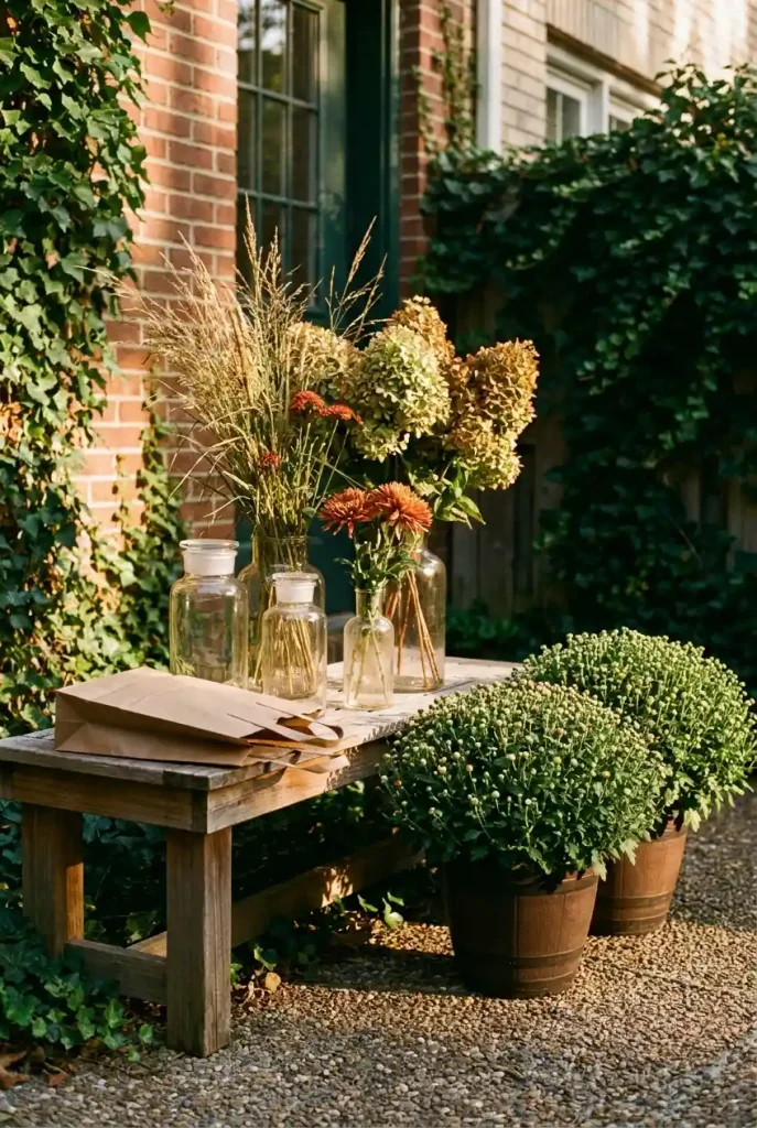 Budget fall flower decor ideas using thrifted vases and yard cuttings on a bench