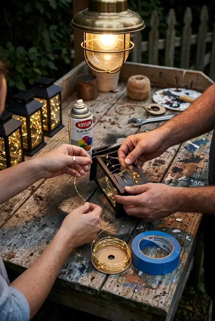 Budget fire pit lighting: hands filling Dollar Tree lanterns with battery fairy lights