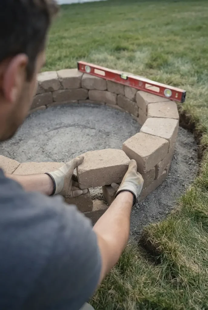 Building a small fire pit step by step: setting the second course of block