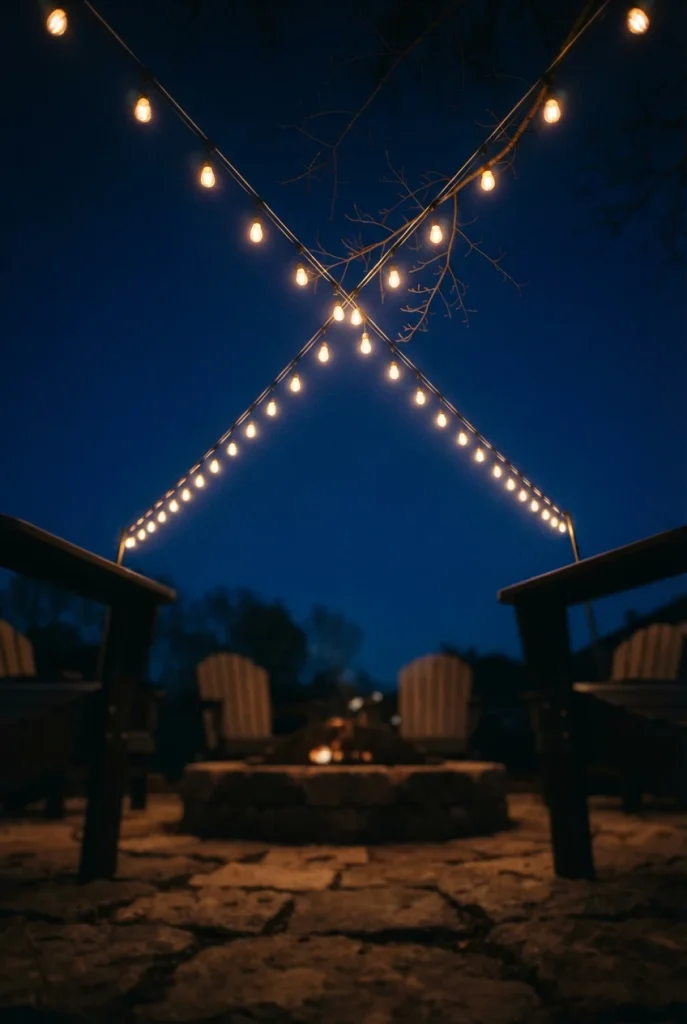 Cafe bulbs strung above a stone fire pit seating area against a blue night sky