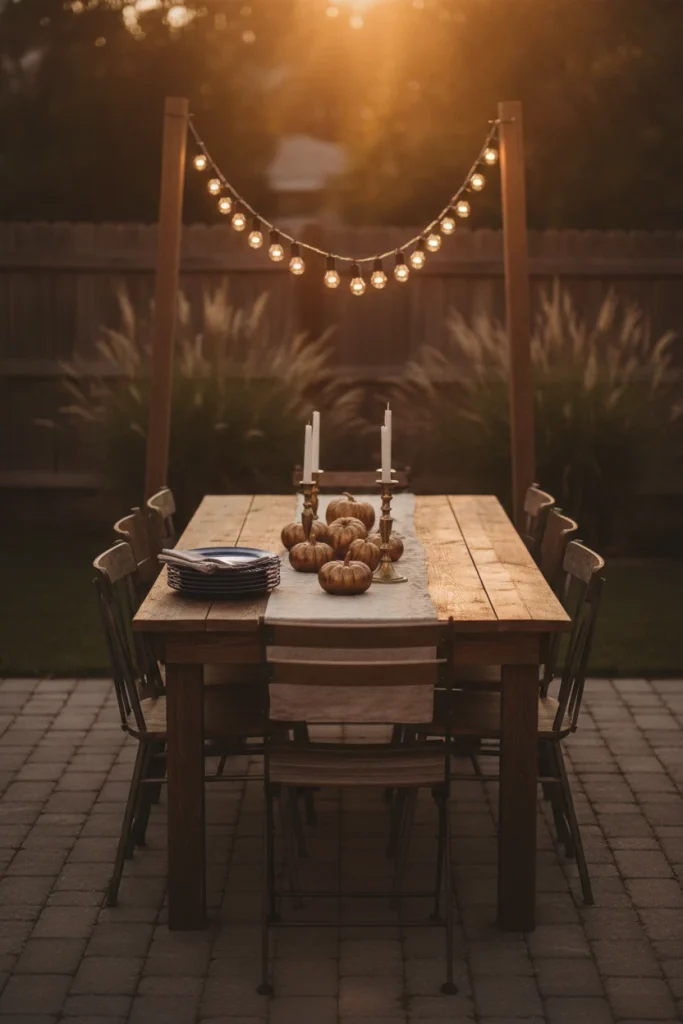 Café string lights hung low over a patio table for fall backyard dinners