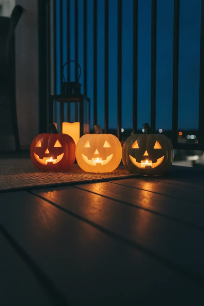 Carved faux pumpkins glowing with LED tea lights on an apartment balcony floor for fall
