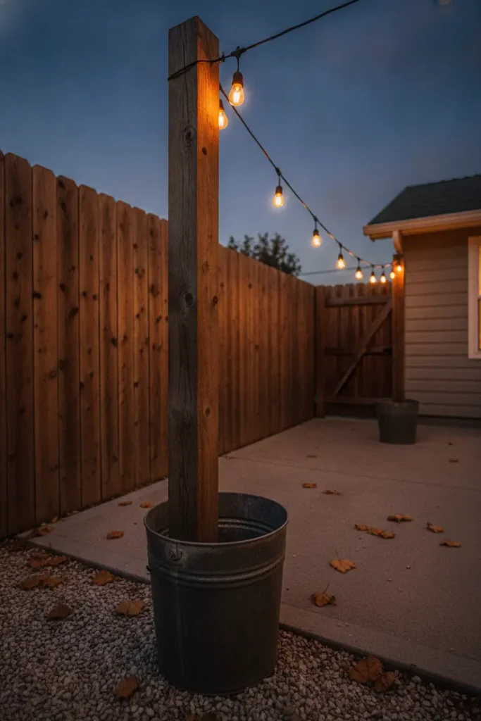 Cedar post anchoring outdoor string lights over a small backyard patio at dusk