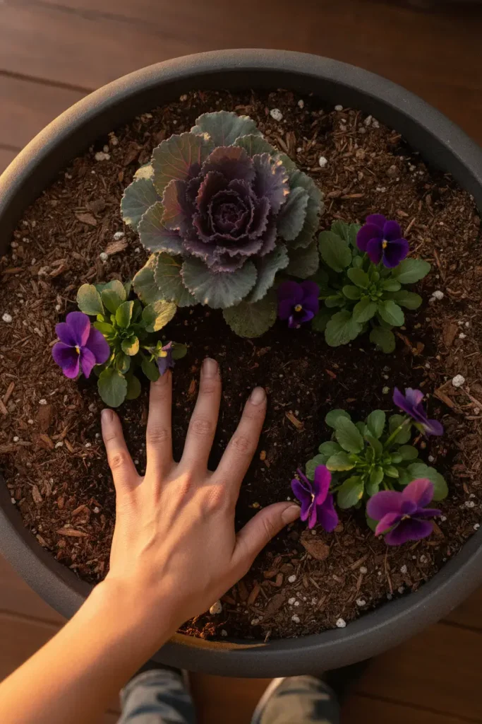 Checking soil moisture in a fall container garden planted with kale and pansies