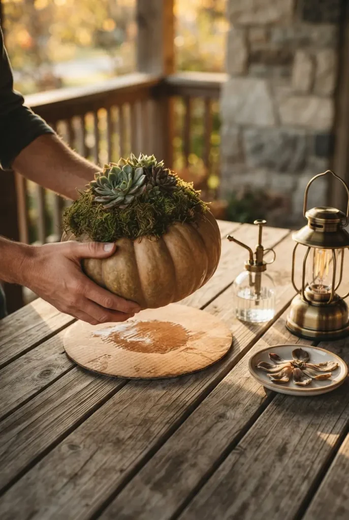 Checking the base of a succulent topped pumpkin on a cardboard disk to prevent rot