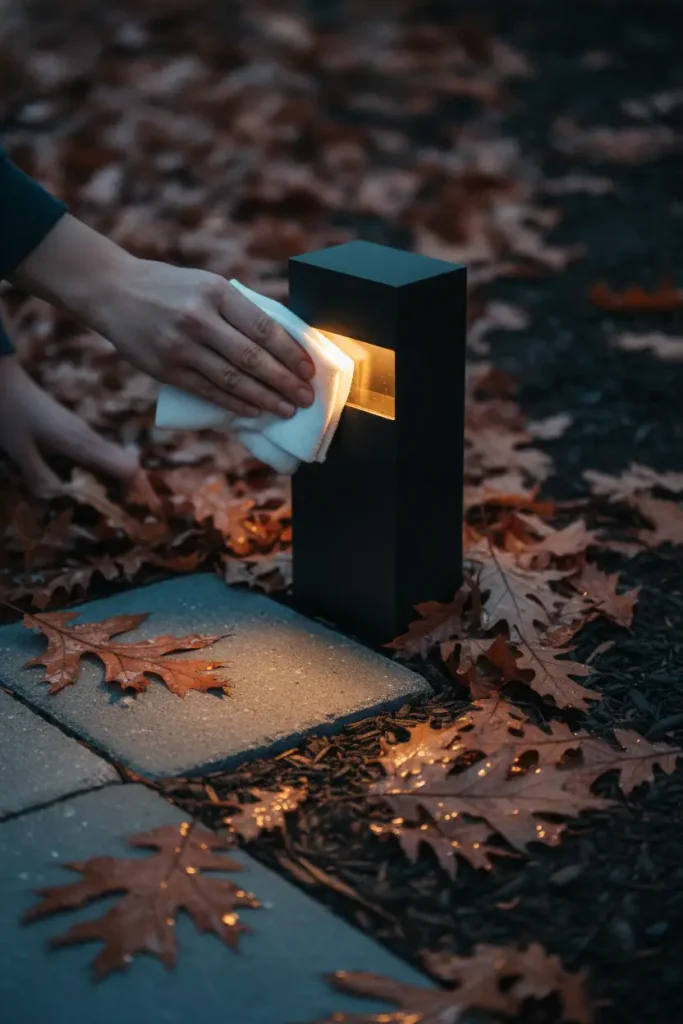 Cleaning a path light lens surrounded by fallen leaves before winter