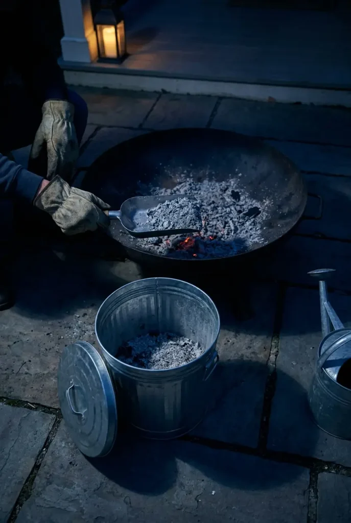Cleaning a wood fire pit by shoveling cooled ash into a galvanized metal ash can at night