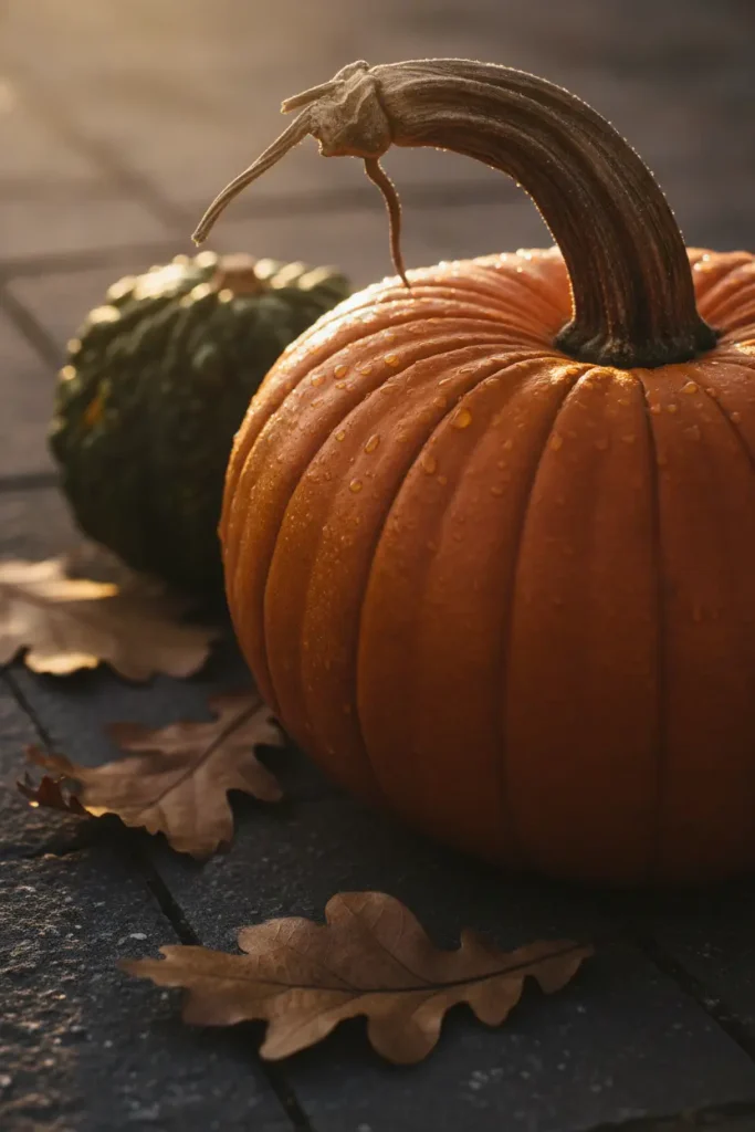 Close-up of a cured pumpkin stem on a paver, keeping fall backyard decor safe from squirrels