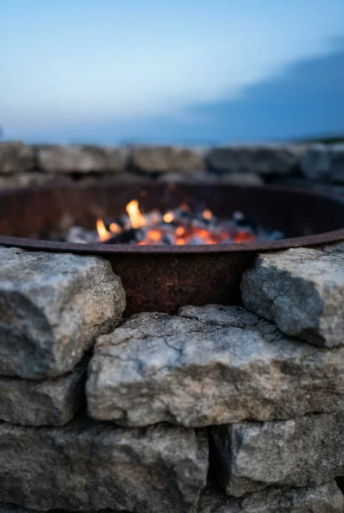 Close-up of a rustic fire pit rim with rough fieldstone and a rusted steel liner at dusk