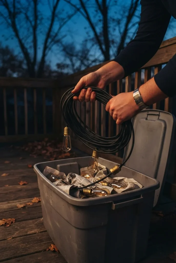 Coiling backyard bar lighting string lights into a storage bin at the end of the season
