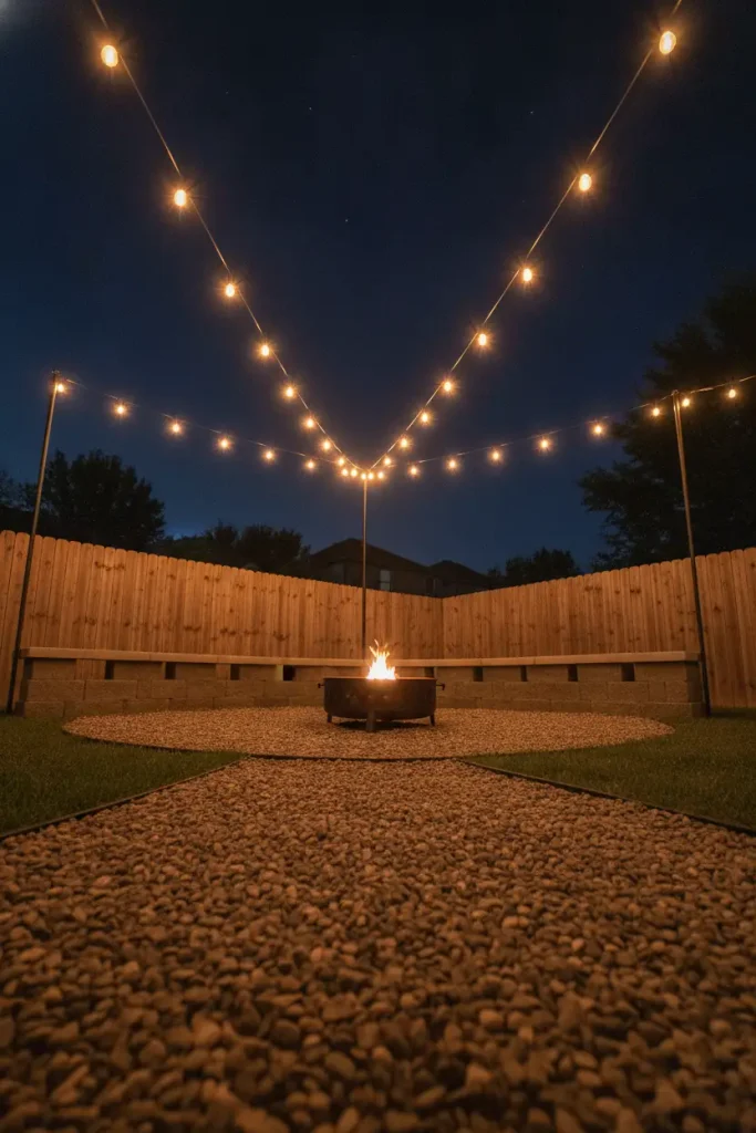 Corner fire pit area with café string lights zigzagged over a fence-side bench at blue hour