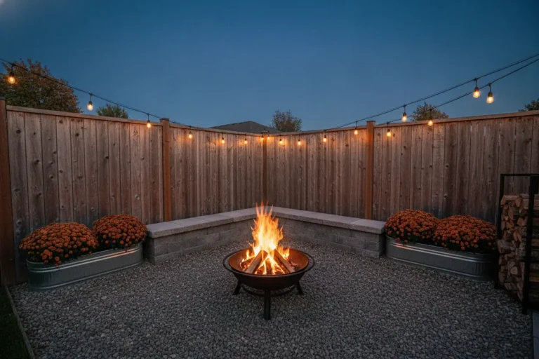 Corner fire pit ideas: steel fire pit on pea gravel out from an L-shaped stone bench at dusk
