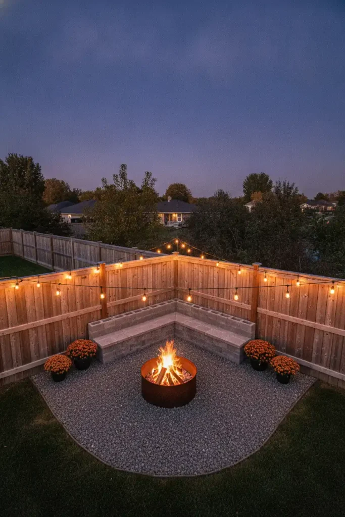 Corner fire pit ideas: steel fire pit on pea gravel set out from an L-shaped block bench at dusk