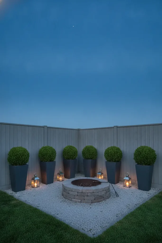 Corner fire pit ideas with tall boxwood planters framing an open-sky stone fire pit at blue hour